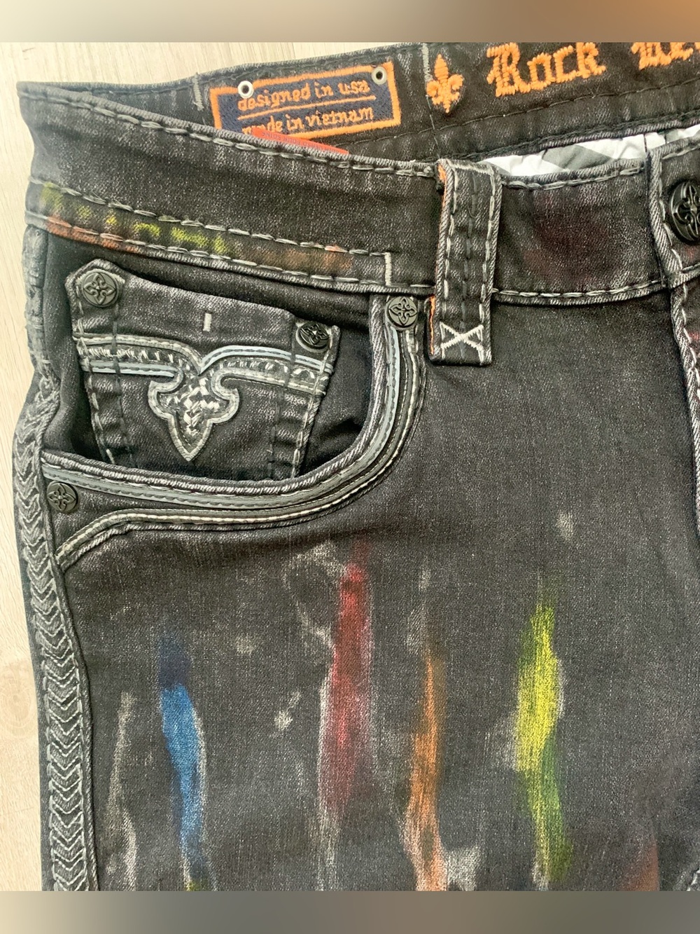 Rock Revival Lunar Rock Alt Straight Men’s Black Jeans with Multicolor Streaks - Picture 9 of 16